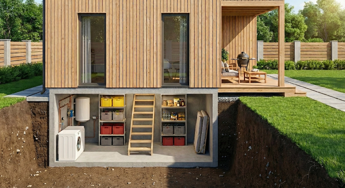 TVIRTI M1 monolitinio rūsio vizualizacija kiemo aplinkoje