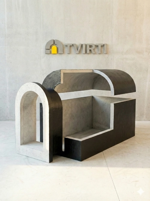 TVIRTI surenkamas monolitinis rūsys – pagrindinė konstrukcijos nuotrauka su logotipu.