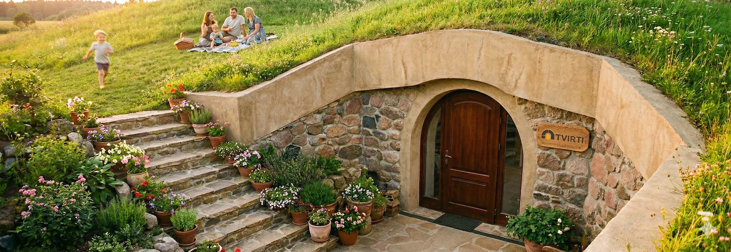 TVIRTI monolitinis rūsys kieme su logotipu